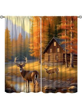 Vintage Rustic Blackout Curtains, Elk Wildlife Print, Farmhouse Window Drapes